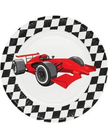 8 stk Svart og Hvit Papirtallerkener med Racingbil Motiv 23 cm