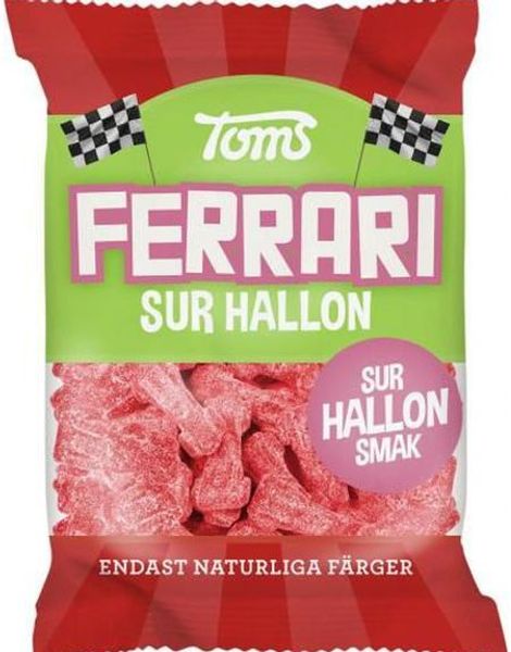 Toms Ferrari Sur Hallon - Bilformede Vingummibiter med Sur Bringebærsmak 120 gram