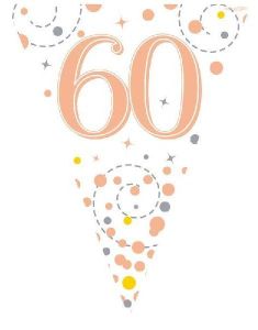60-års Feiring Hvit og Rosegullfarget Banner med 11 Flagg - 3,9 Meter