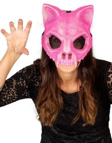 Rosa Glitrende Katteskjelett Maske