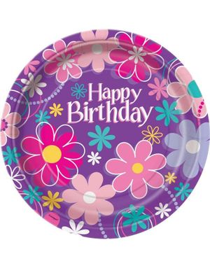 8 stk Lilla Blomstrende Papptallerkener 22 cm - Birthday Blossoms
