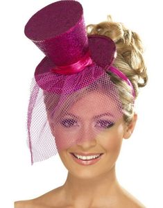 Mini Topphatt med Slør - Rosa
