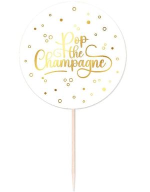 25 Stk Pop the Champagne Mat/Kakeflagg 8 cm - Hvit og Gull