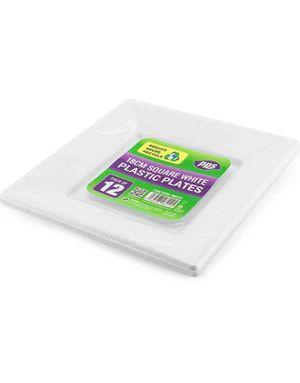 12 stk Firkantede Gjenbrukbare Hvite Plastikktallerkener 18 cm