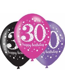 30-Års Dagen - 6 stk Svart, Rosa og Lilla Ballonger 27,5 cm