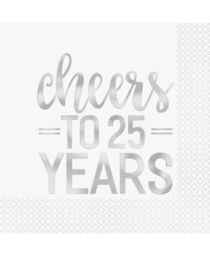 16 stk Servietter med Sølvfarget Cheers to 25 Years Tekst 33x33 cm