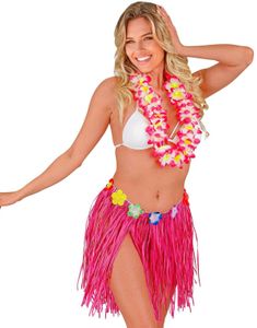 Hawaii Hula Skjørt m/Blomster - 40 cm Rosa