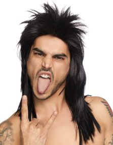 Svart Lang Punker / Mullet Parykk