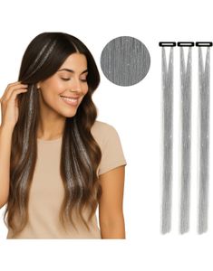 3 stk Tinsel Hair Extensions 50 cm - Sølv