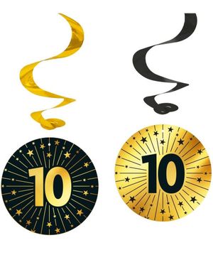 4 stk 10-års Feiring Hengende Swirls - Svart og Gull