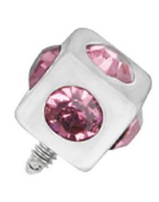 Firkantet Sølvfarget Dermal Anchor Kule med Rosa Stener - Strl 3 mm kule med 1,2 mm gjenger