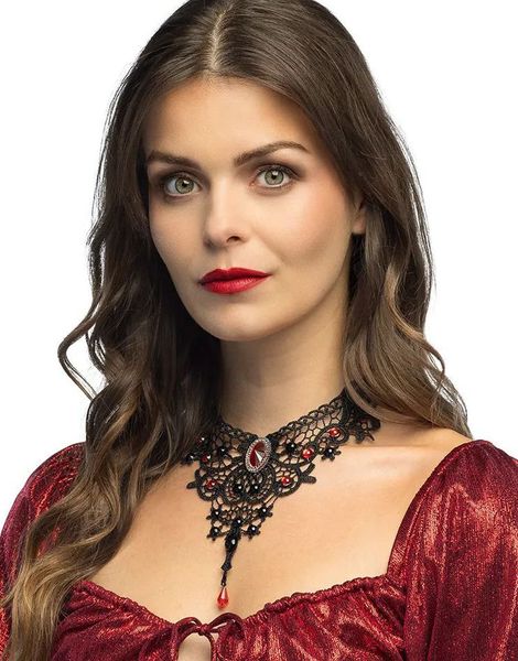 Gotisk Vampyr Choker Smykke med Blonder og Stener