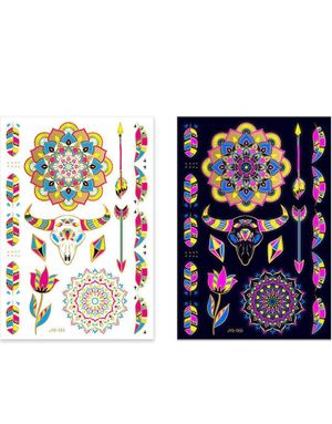 Ark med Mandala, Oksehodeskalle og Andre Fluorescerende Gullfolierte Tatoveringer (Gold UV Fake Tattoo)