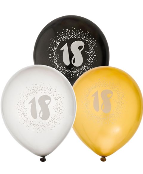 18 år - 6 stk Svarte, Sølv- og Gullfarget Ballonger 30 cm