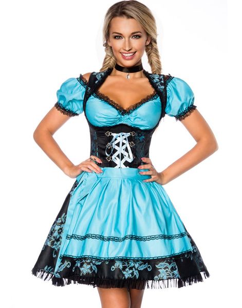 Svart Luksus Dirndl Oktoberfestkjole med Blomstermønster i Blått