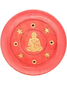 Rund Liten Rød Røkelsesholder i Mango-tre med Buddha Motiv - 7 cm