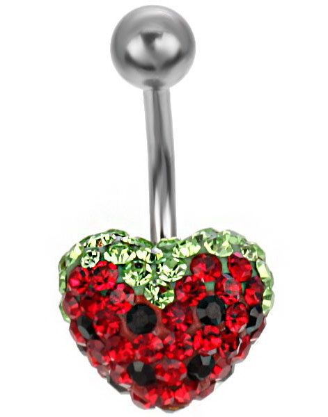 Strawberry Heart Navlepiercing - Rød/Grønn/Svart
