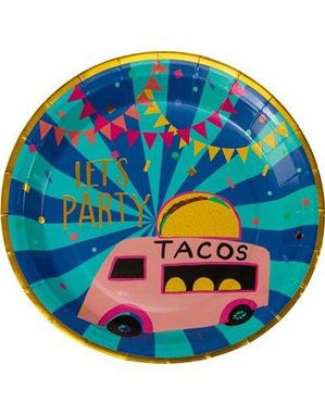 8 stk. Papptallerkener med Tacobuss 23 cm - Let's Party