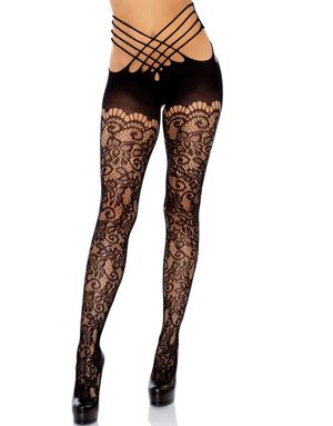 Wrap Around Crotchless Tights - Svart Nettingstrømpebukse