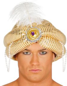 Gullfarget Indisk Hatt med Perler, Sten og Fjær