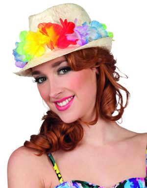 Flettet Beige Fedora med Hawaii-Blomster