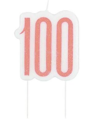 Tallet 100 - Hvit og Rose Gullfarget Jubileums Kakelys 8,5 cm