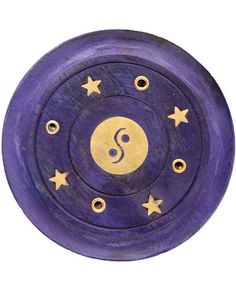 Rund Liten Lilla Røkelsesholder i Mango-tre med Yin Yang Motiv - 7 cm