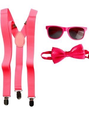 Kostyme Sett - Neon Rosa Briller, Bukseseler og Sløyfe