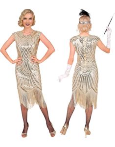Roaring 20's Gatsby Flapper - Sølvfarget og Kremhvit Flapperkjole til Dame