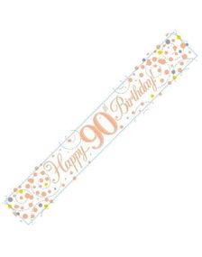 Happy 90th Birthday - 2,7 Meter Hvit og Rosegull Holografisk Banner