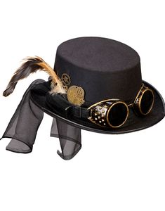 Svart Steampunk Flosshatt med Dekor og Bronsefarget Goggles