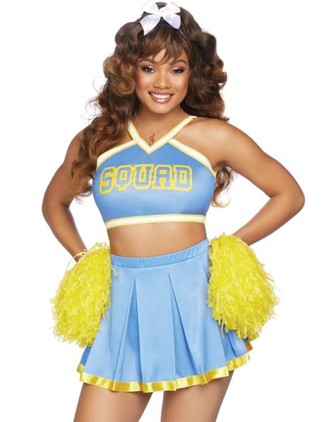 Blått Cheerleader Squad Kostyme med Pom Poms