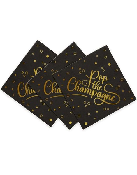20 stk Pop the Champagne - Svarte Servietter 33x33cm