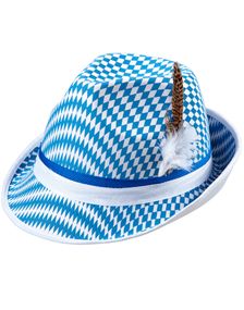 Rutete Blå og Hvit Oktoberfesthatt med Fedoraform, Fjær og Bånd