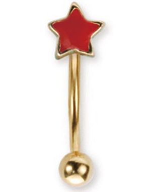 Gullfarget Øyenbrynspiercing med Rød Stjerne - 1.2 x 8 mm