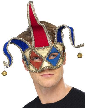 Beige, Blå og Rød Hoffnarr Øyemaske med Bjeller