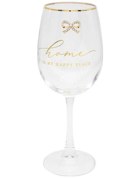 Elegant Vinglass "Home is my Happy Place" Gravert med Stener