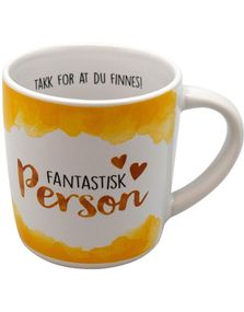 Fantastisk Person - Hvitt og Gult Krus med Tekst