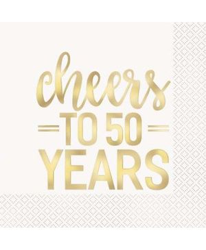 16 stk Servietter med Gullfarget Cheers to 50 Years Tekst 33x33 cm