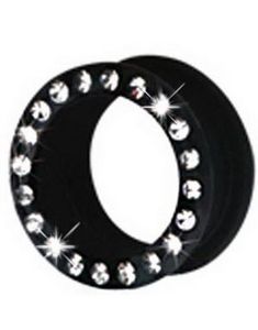 Silikon Piercing Tunnel i Svart med Klare Stener