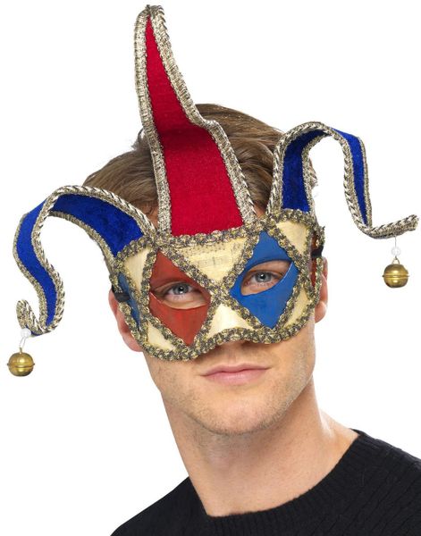 Beige, Blå og Rød Hoffnarr Øyemaske med Bjeller