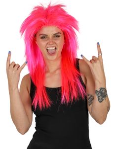 Neonrosa 80-talls Rocker Parykk - Lang Med Hockeyfrisyre