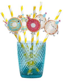 6 stk Gule Stripete Papir Sugerør med Donut Motiv - Donut Party