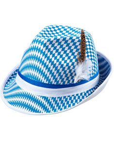 Rutete Blå og Hvit Oktoberfesthatt med Fedoraform, Fjær og Bånd