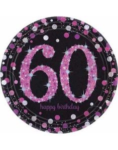 60-års Feiring - 8 stk Svart og Rosa Glitrende Tallerkener 23 cm 