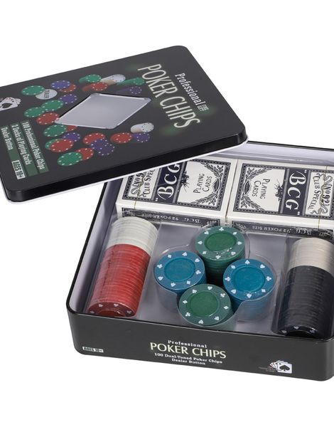 Pokersett - 2 Kortstokker, 100 Poker Chips og Dealer Chip