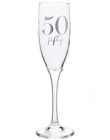 50 ÅR - Champagneglass med Sølvfarget Tekst og Motiver i Gaveeske 22 cm