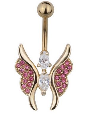 Gullfarget Navlepiercing av Sommerfugl med Rosa & Hvite Stener