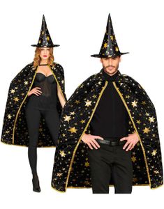 Unisex Svart Trollmannkappe og Hatt med Gullstjerner 85 cm