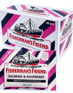 48 stk Sukkerfri Fisherman's Friend med Smak av Bringebær, Salmiak og Mentol - Hel Eske 1,2 kg